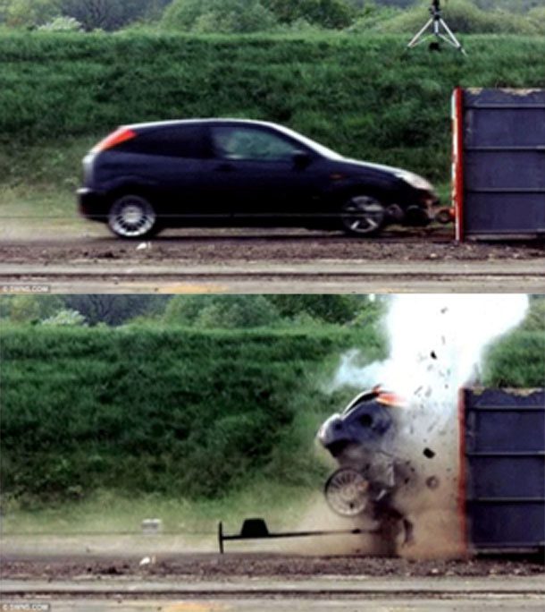 Two panels of before and after car's impact