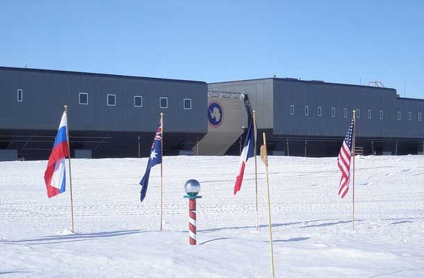 Research Station Antartica with flags in front