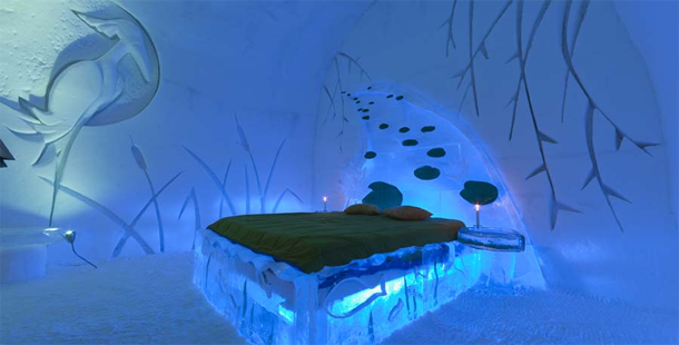 A bed in an ice room