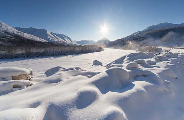 Snow drifts in the Oymyakon Mountains