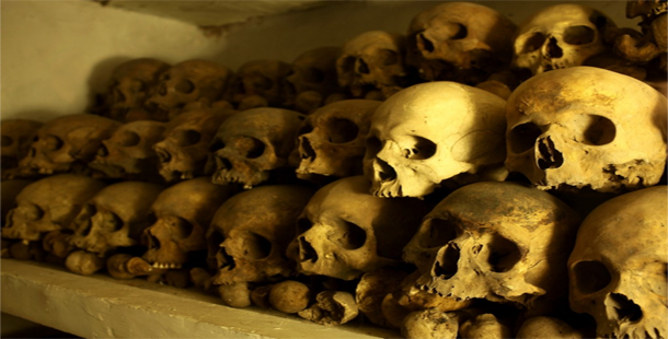 A pile of skulls in a room