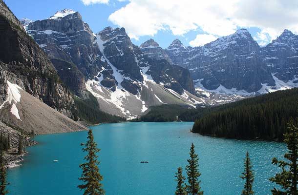 Moraine Lake with trees in foreground and mountains in background
