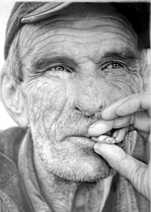 Old man smoking realistic pencil drawing