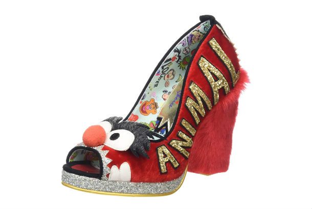 Open toed red pump with fur heel and animal theme