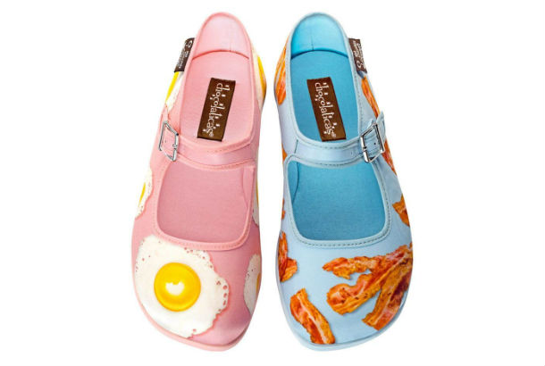 pink shoe with fried eggs and blue shoe with bacon