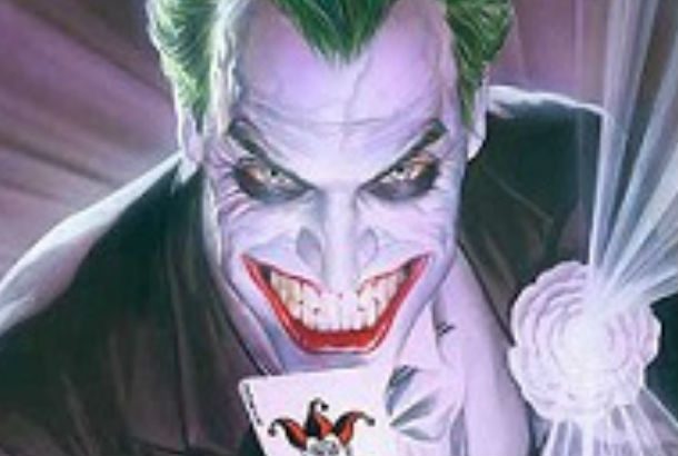 Close up of drawing of the joker holding a playing card
