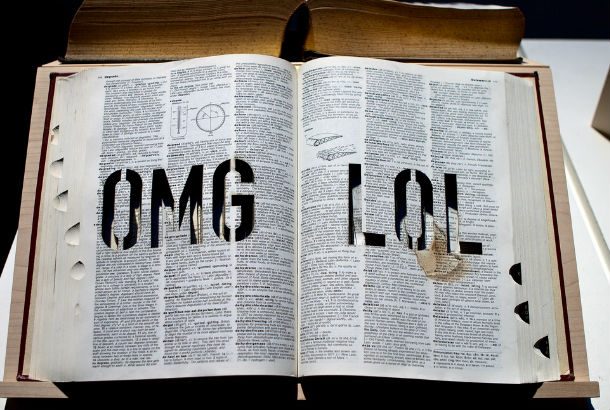 Image of dictionary with OMG and LOL carved in