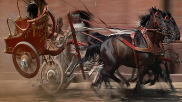 Joe Canutt thrown from chariot in Ben-Hur chariot race