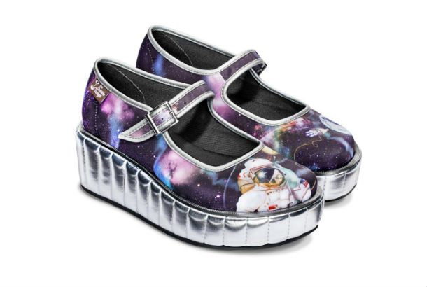 metallic base shoes with black star and astronaut pattern