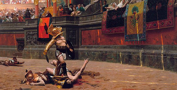 A painting of a roman gladiator in victory