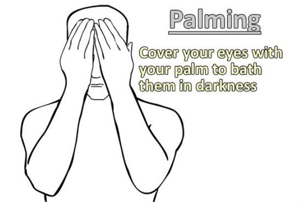 Image of man with face covered with description of palming to the right
