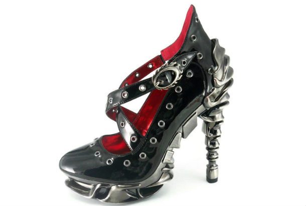 red interior black exterior shoe with metal heel and base