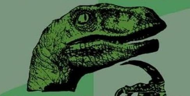 A green lizard head with thought-provoking philosoraptor questions