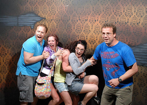 people scared in a haunted house