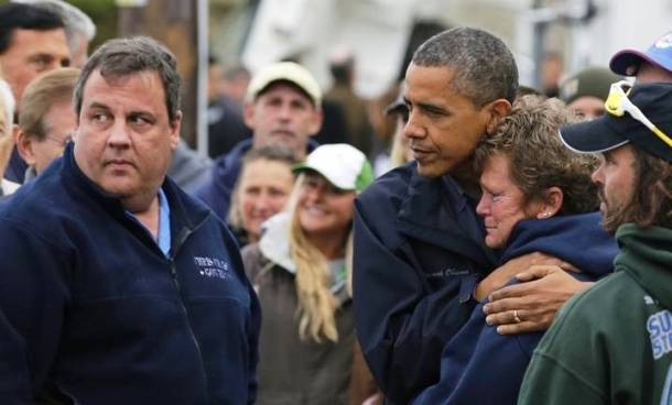 President Obama hugs North Point Marina owner, Donna Vanzant, during visit in New Jersey