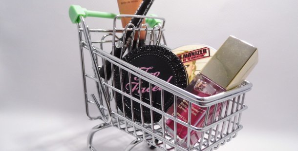 A shopping cart full of items