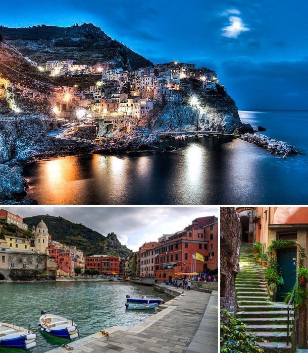 Image collage of Cinque Terra including Cinque Terra at night, a small boat doc, and village stairs lined with green plants and colorful habitations