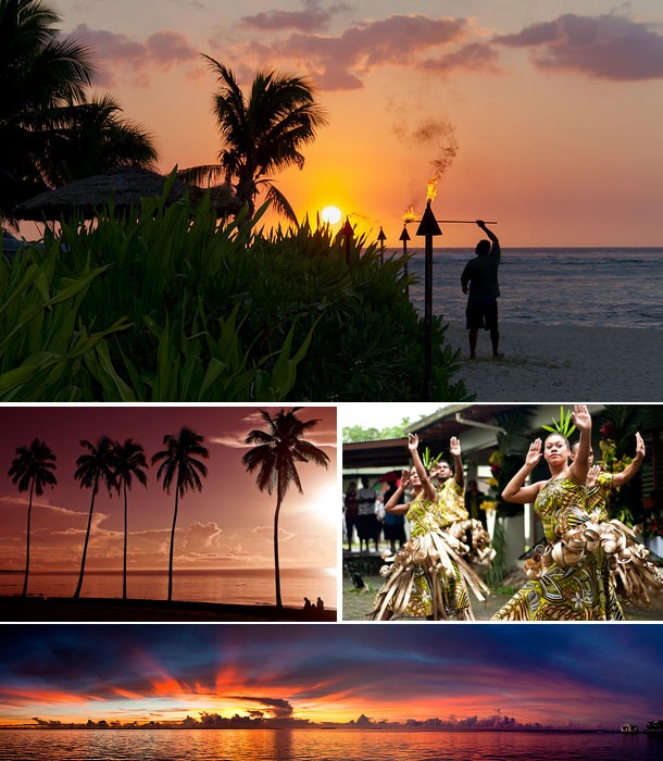 Image collage of Fiji including lighting a torch, tall palm trees facing a sunset, fiji dancers and a panorama of a sea sunset