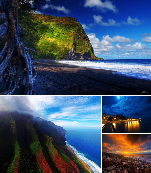 Image collage of Hawaiian landscapes including mountains, beaches, and houses