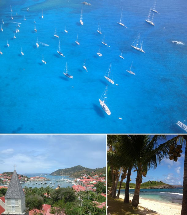 Image collage of St.Bart including the St. Bart town, sail boats on a blue sea, and a palm tree lined beach