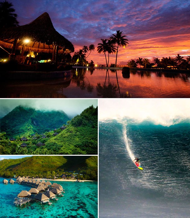 Image collage of Tahiti including surfing, Tahiti huts, green mountains, and clear blue waters