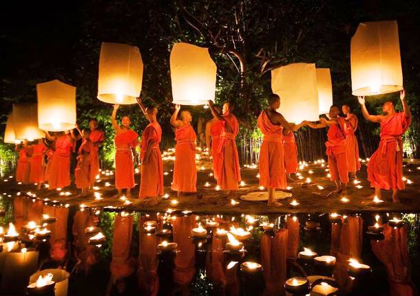 Monks Releasing Lanterns During Loy Krathong in Chiang Mai, Thailand