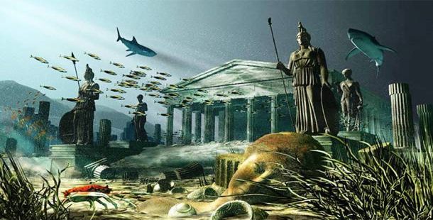 A underwater scene with a statue and a shark