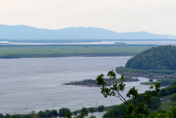 The Amur river from the bank with mountains in the distance