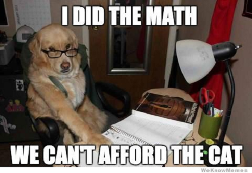 Image of dog with glasses saying I did the math we can't afford the cat