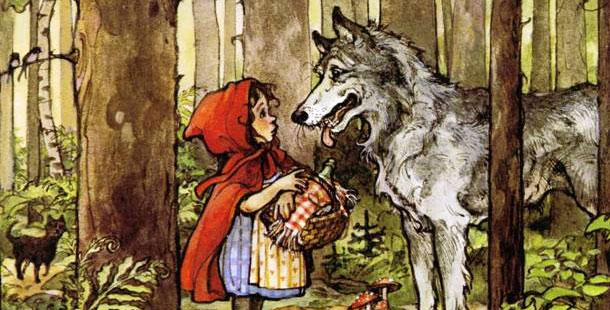A fairy tale art of little red riding hood and a wolf