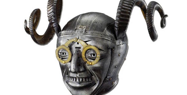 A metal helmet with horns