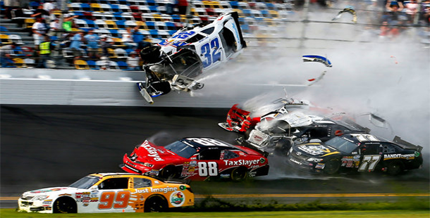 A sports disasters of cars falling off a track