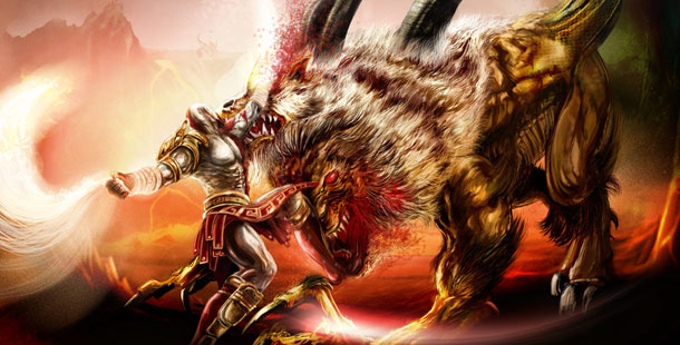 A mythical creatures, a person fighting a large furry animal