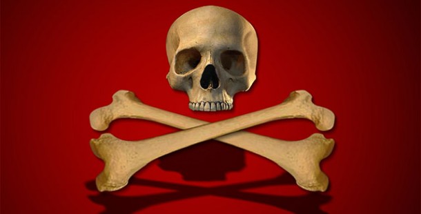 A skull and crossbones on a red background