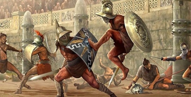 A group of men fighting with shields and shields