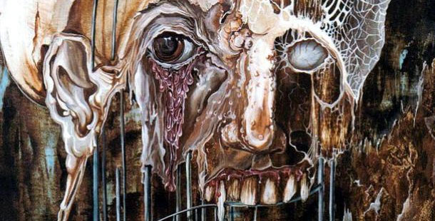 A painting of a face with blood dripping off of it