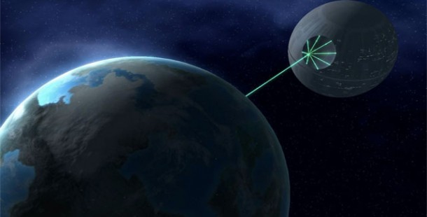 A green laser pointing to a planet, famous fictional weapons