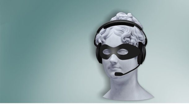 telemarketer image...statue head with phone headset and an eye mask
