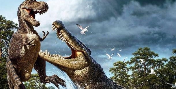 A giant prehistoric ancestors of a dinosaur attacking a reptile