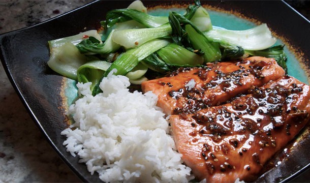 Spicy Salmon with Bok Choy and Rice