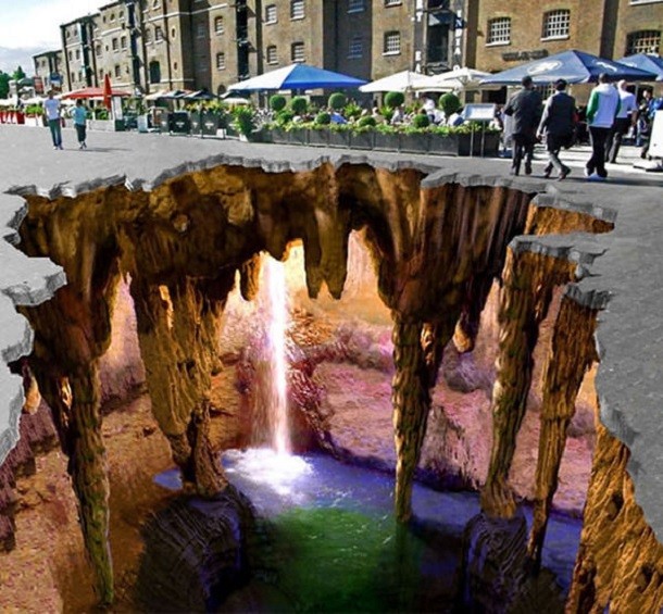 cave waterfall 3d street art