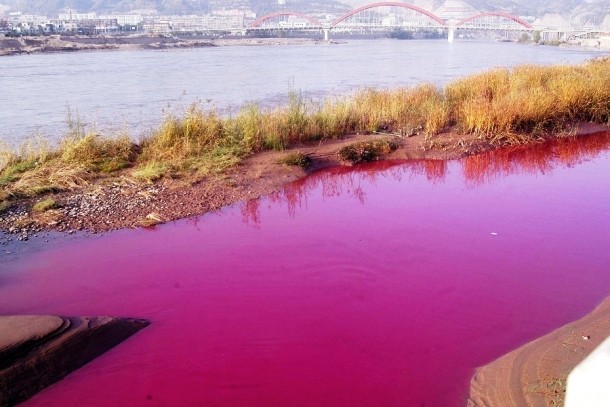 Pink polluted river