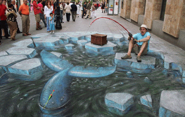 whale ice fishing 3d street art