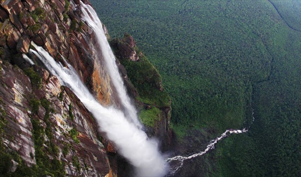 Staring up at Angel Falls in Venezuela, the highest waterfall in the world