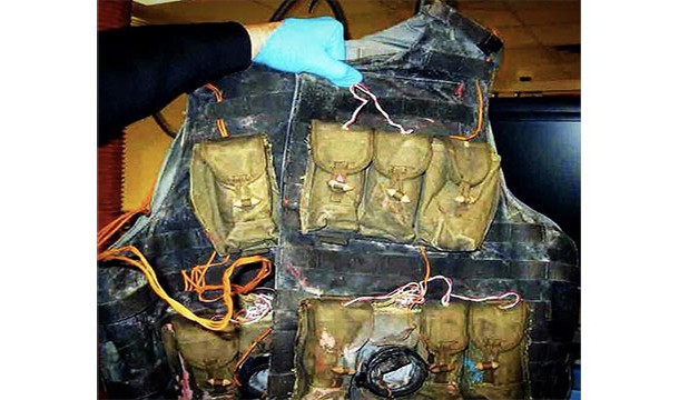This suicide bomber vest confiscated at Indianapolis International Airport. Fortunately it was a dummy vest that belonged to an explosives trainer.