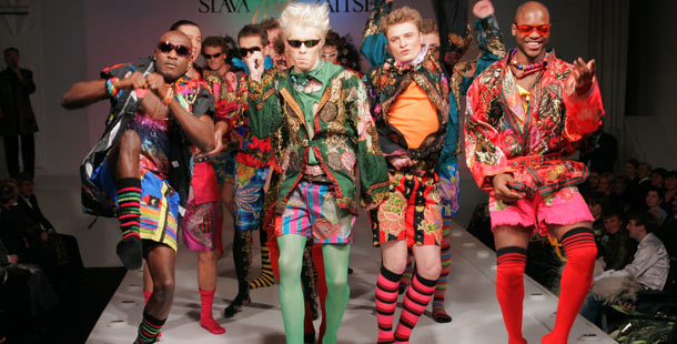 A group of men wearing colorful clothes