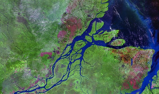 The mouth of the Amazon River is so large that it encloses an island named Marajo. The crazy part? Marajo is roughly the size of Switzerland.