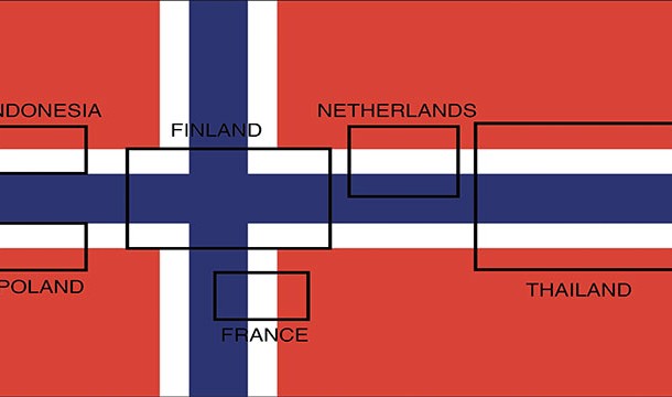 The flag of Norway has been labeled the "mother of all flags" because it enclosed the flags of Indonesia, Poland, Finland, France, Netherlands, and Thailand