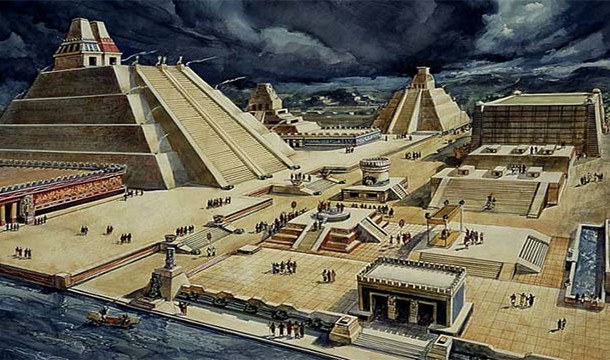 Until it was destroyed by the Spanish in 1521, Tenochtitlán was the largest city in the western hemisphere. It was built as an island in the middle of what used to be a lake. Today, the lake is dried up and has given way to Mexico City, which is still one of the biggest cities in the world