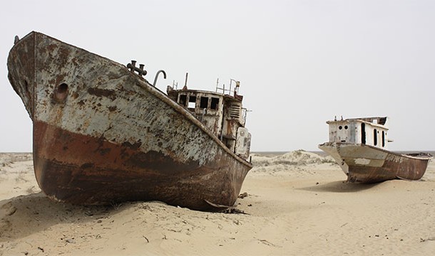 The Aral Sea used to be the 4th largest lake on Earth. Due to Soviet irrigation projects, it has all but dried up in the last several decades and created a new desert (Aralkum). It has been called "one of the planet's worst environmental disasters".